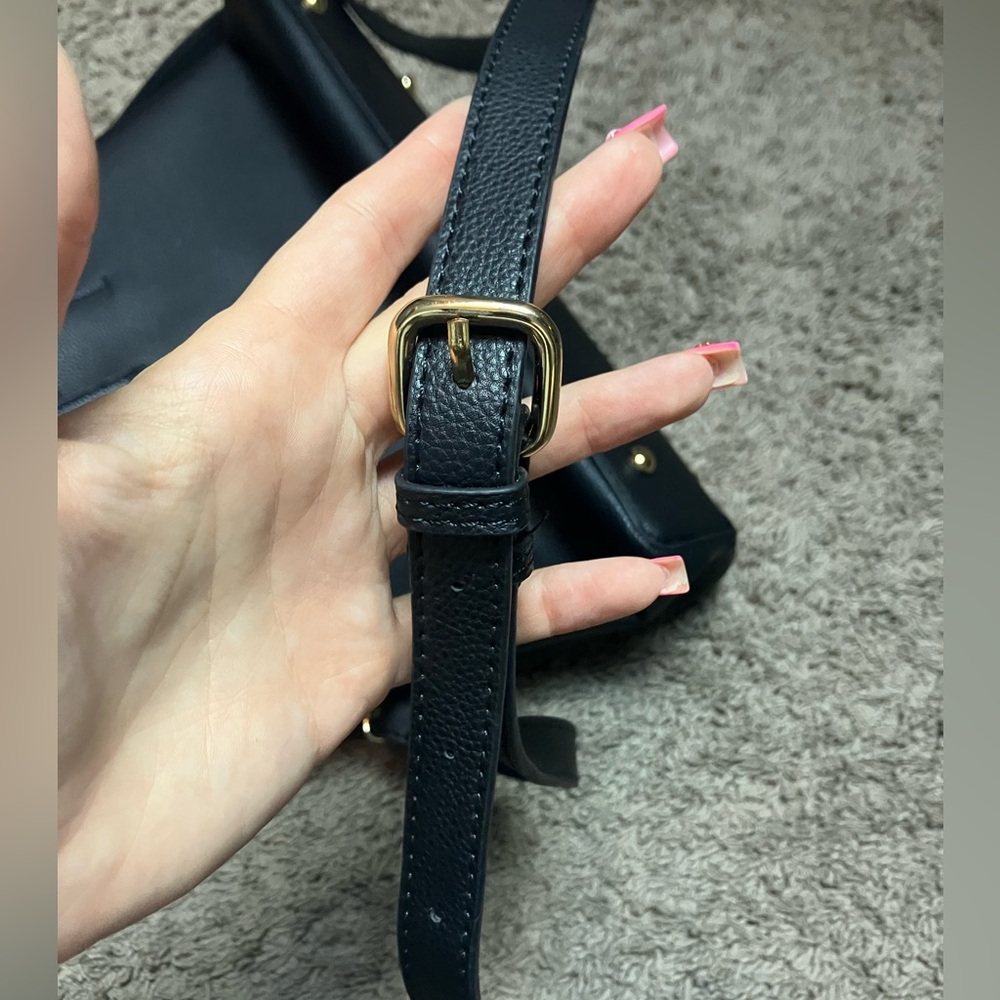 Black Faux Leather Top Handle Satchel Crossbody‎ Bag with Gold Tone Hardware - Picture 6 of 7